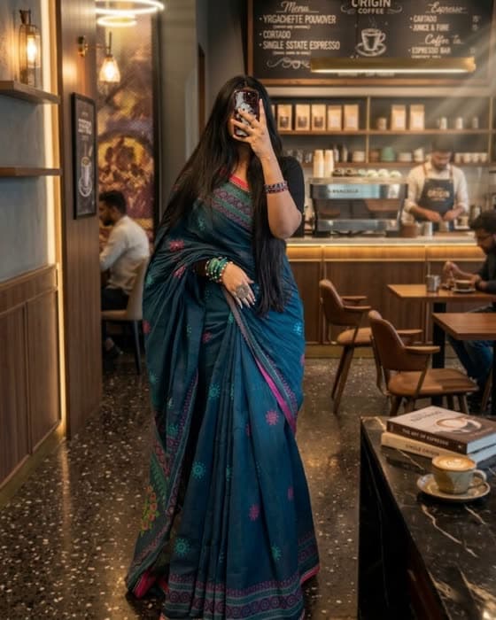 A woman in a teal jamdani saree, photographed in a coffee shop for Saree BD