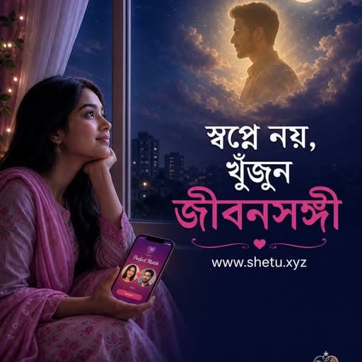 Shetu.xyz post — a woman at a window at night looking at her phone, under a Bangla headline about finding a partner in life rather than in dreams