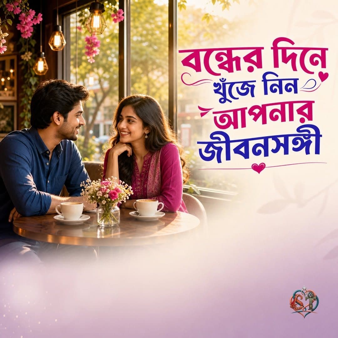 Shetu.xyz post — a couple at a cafe table with a Bangla headline about finding a life partner